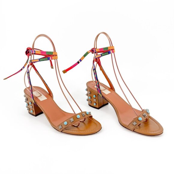 Valentino Garavani Rockstud Rolling Sandals EU 38.5 US 8.5 Brown Ankle Wrap - Picture 1 of 12